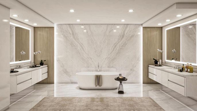 Bathroom, Dual Sink Vanities, Free Standing Baths, Interior, Marble, Marble Walls, Recessed Lighting