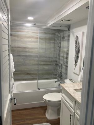 Bathroom, Glass Shower, Interior, Recessed Lighting, Wood Texture Flooring