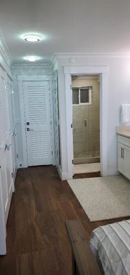 Bathroom, Glass Shower, Interior, Wood Texture Flooring