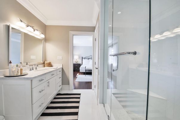 Bathroom, Bedroom, Dual Sink Vanities, Glass Shower, Interior, Wood Texture Flooring