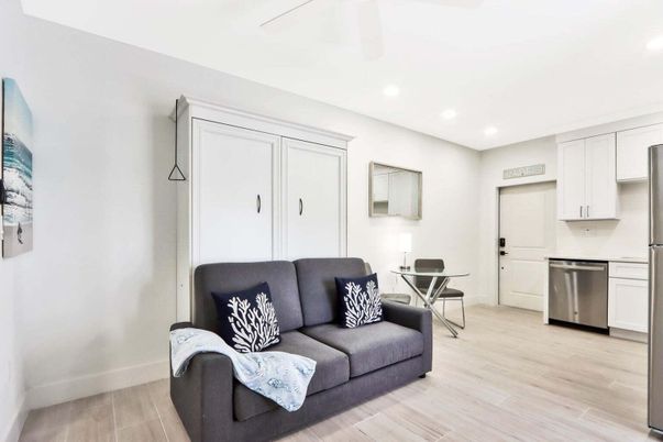 Interior, Kitchen, Living room, Recessed Lighting, Stainless Steel Appliances, Wood Texture Flooring