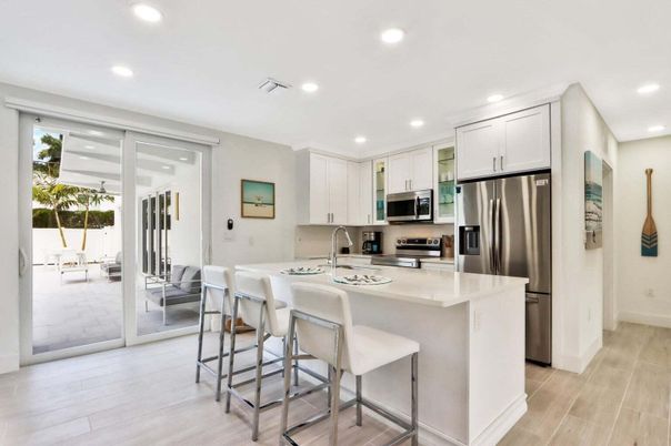 Interior, Kitchen, Recessed Lighting, Stainless Steel Appliances, Wood Texture Flooring