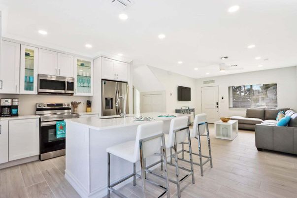 Interior, Kitchen, Living room, Recessed Lighting, Stainless Steel Appliances, Wood Texture Flooring
