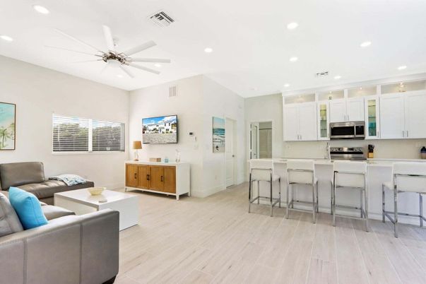 Interior, Kitchen, Living room, Recessed Lighting, Stainless Steel Appliances, Wood Texture Flooring