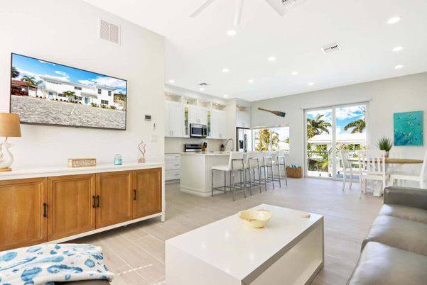 Dining room, Interior, Kitchen, Living room, Recessed Lighting, Stainless Steel Appliances, Wood Texture Flooring