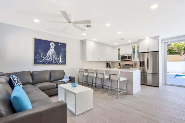 Interior, Kitchen, Living room, Recessed Lighting, Stainless Steel Appliances, Wood Texture Flooring