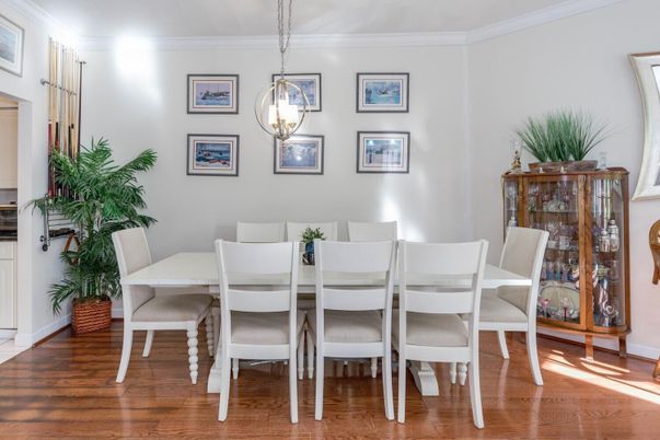 Dining room, Interior, Pendant Lights, Wood Texture Flooring