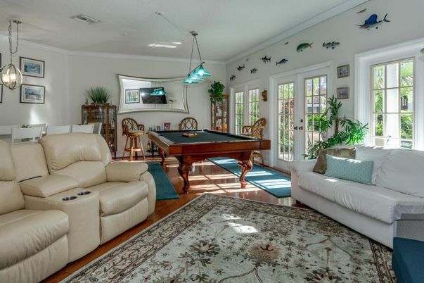 Billiard Table, Game Room, Interior, Living room, Pendant Lights, Wood Texture Flooring