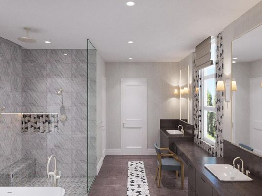 Bathroom, Dual Sink Vanities, Glass Shower, Interior, Marble Walls, Recessed Lighting