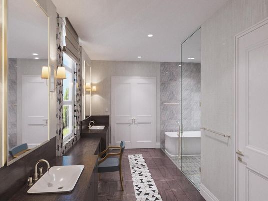Bathroom, Dual Sink Vanities, Free Standing Baths, Glass Shower, Interior, Marble Walls, Recessed Lighting