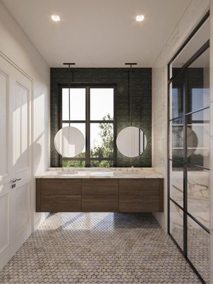 Bathroom, Dual Sink Vanities, Interior, Pendant Lights, Recessed Lighting