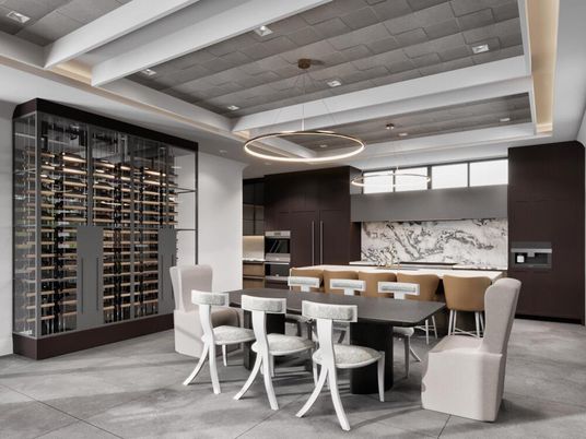 Dining room, Interior, Kitchen, Marble Walls, Pendant Lights, Recessed Lighting, Wine Storage