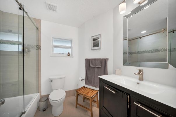 Bathroom, Glass Shower, Interior, Wood Texture Flooring