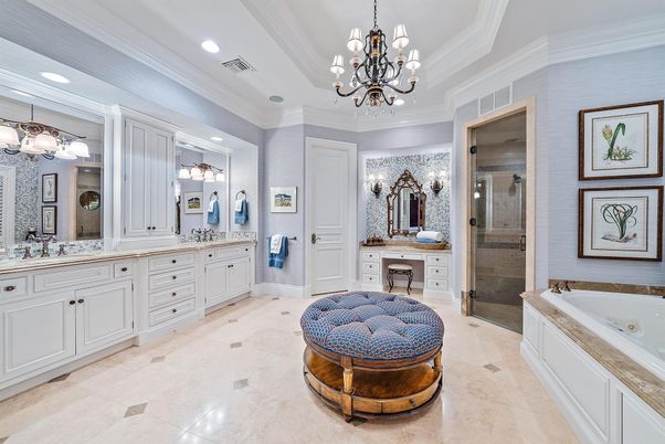 Bathroom, Chandelier, Dual Sink Vanities, Glass Shower, Interior, Pendant Lights, Recessed Lighting