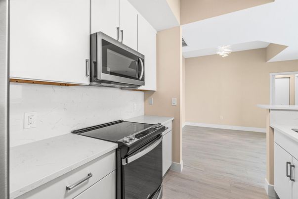 Chandelier, Interior, Kitchen, Stainless Steel Appliances, Wood Texture Flooring