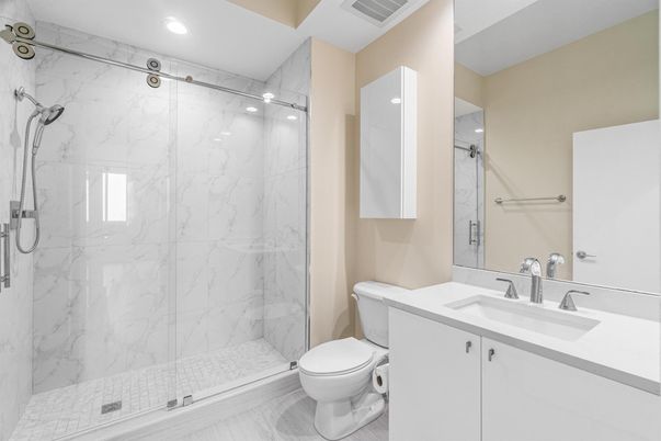 Bathroom, Glass Shower, Interior, Marble Walls, Recessed Lighting