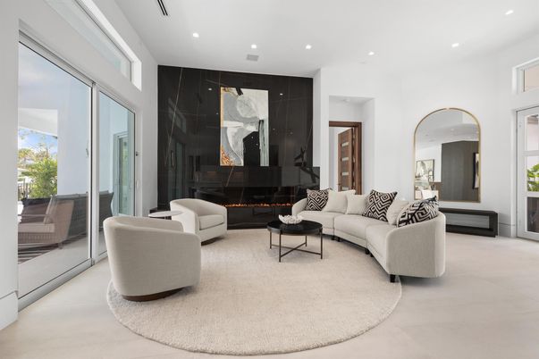 Fireplace, Interior, Living room, Marble Walls, Recessed Lighting