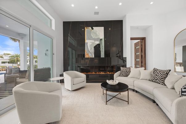 Fireplace, Interior, Living room, Marble Walls, Recessed Lighting
