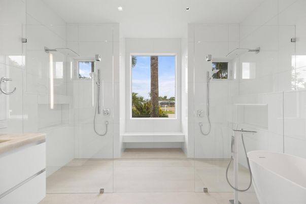 Bathroom, Free Standing Baths, Glass Shower, Interior, Marble Walls, Recessed Lighting