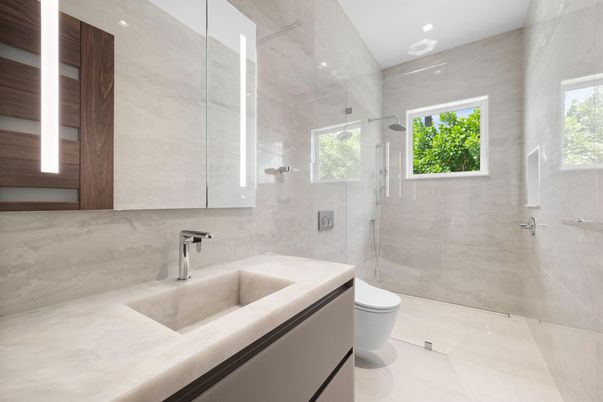 Bathroom, Glass Shower, Interior, Marble Walls, Recessed Lighting