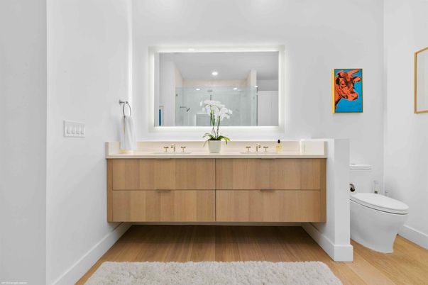 Bathroom, Dual Sink Vanities, Interior, Recessed Lighting, Wood Texture Flooring