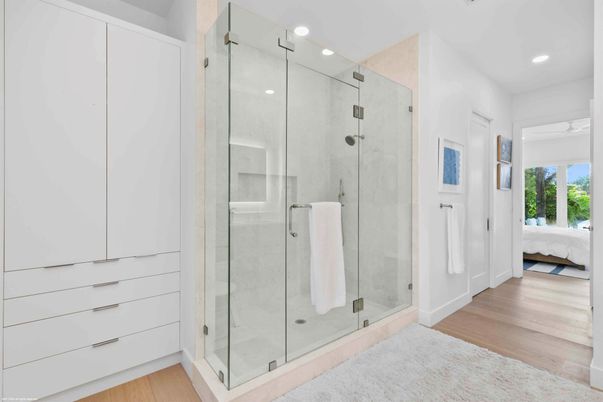 Bathroom, Glass Shower, Interior, Recessed Lighting, Wood Texture Flooring
