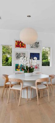 Dining room, Interior, Pendant Lights, Wood Texture Flooring
