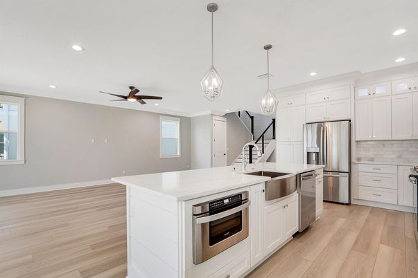 Interior, Kitchen, Pendant Lights, Recessed Lighting, Stainless Steel Appliances, Wood Texture Flooring