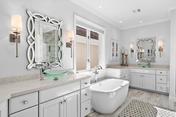 Bathroom, Dual Sink Vanities, Free Standing Baths, Interior, Recessed Lighting, Wood Texture Flooring