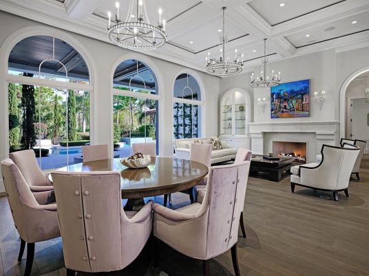 Chandelier, Dining room, Fireplace, Interior, Living room, Recessed Lighting, Wood Texture Flooring