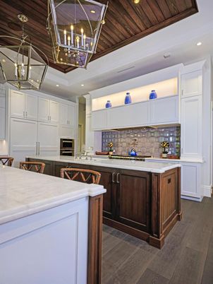 Chandelier, Interior, Kitchen, Pendant Lights, Recessed Lighting, Stainless Steel Appliances, Wooden Ceilings, Wood Texture Flooring