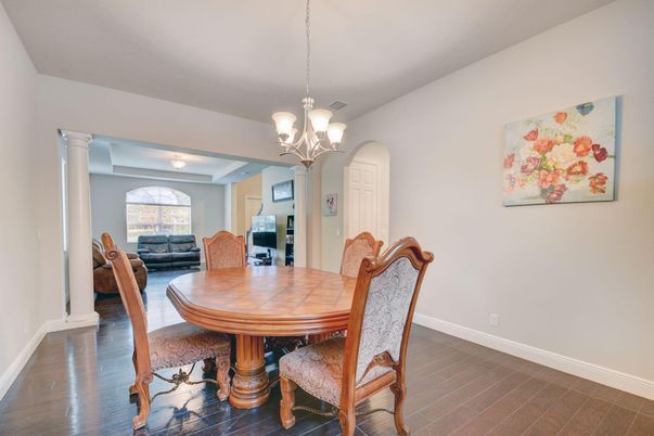 Chandelier, Dining room, Interior, Wood Texture Flooring