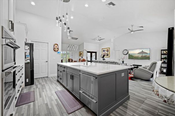 Interior, Kitchen, Pendant Lights, Recessed Lighting, Wood Texture Flooring