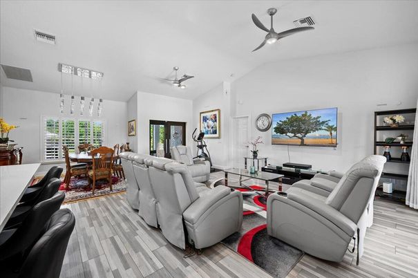Dining room, Interior, Living room, Pendant Lights, Wood Texture Flooring