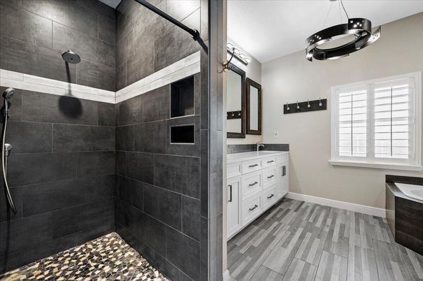 Bathroom, Dual Sink Vanities, Interior, Pendant Lights, Wood Texture Flooring