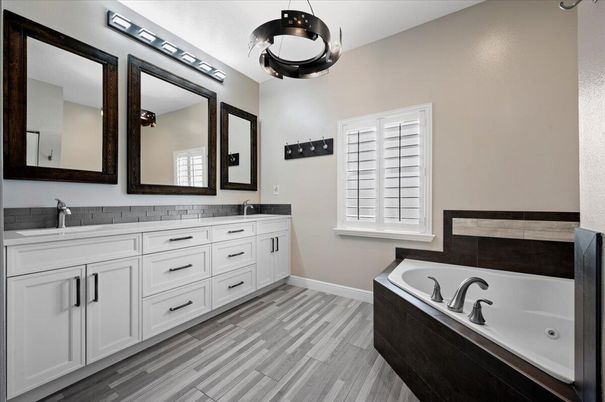 Bathroom, Dual Sink Vanities, Interior, Pendant Lights, Wood Texture Flooring