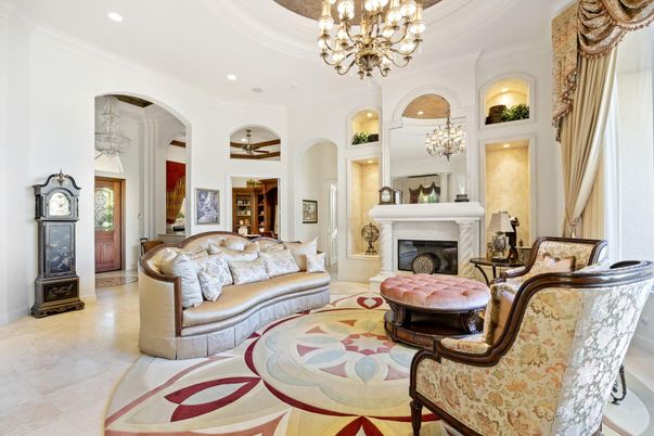 Chandelier, Fireplace, Interior, Living room, Recessed Lighting