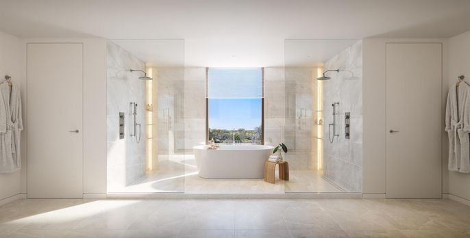 Bathroom, Free Standing Baths, Glass Shower, Interior, Marble Walls