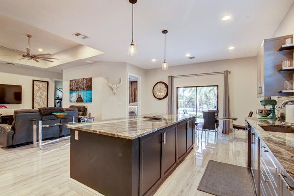 Dining room, Interior, Kitchen, Living room, Pendant Lights, Recessed Lighting, Wood Texture Flooring