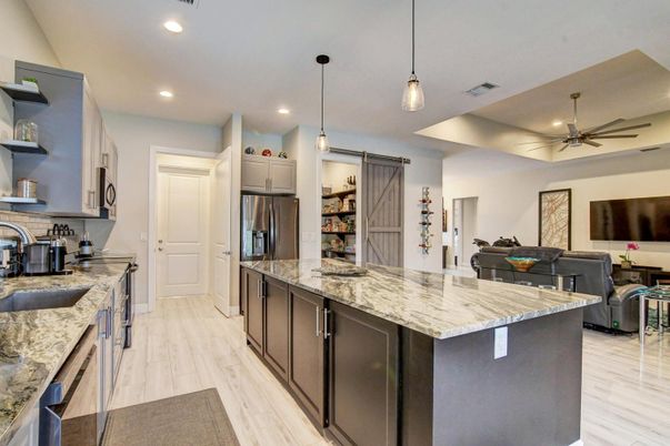 Interior, Kitchen, Pendant Lights, Recessed Lighting, Wood Texture Flooring