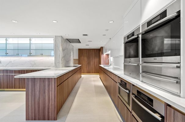 Interior, Kitchen, Marble Walls, Recessed Lighting, Stainless Steel Appliances