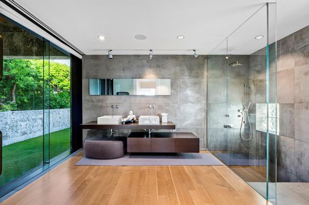 Bathroom, Glass Shower, Interior, Recessed Lighting, Wood Texture Flooring