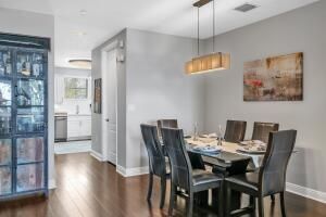 Dining room, Interior, Kitchen, Pendant Lights, Recessed Lighting, Wood Texture Flooring