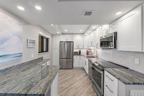 Interior, Kitchen, Recessed Lighting, Stainless Steel Appliances, Wood Texture Flooring