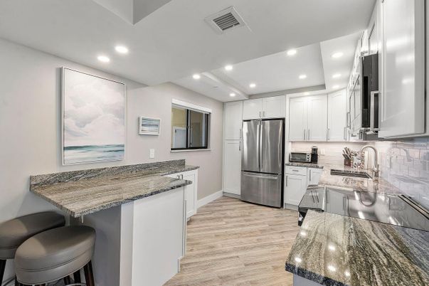 Interior, Kitchen, Recessed Lighting, Stainless Steel Appliances, Wood Texture Flooring