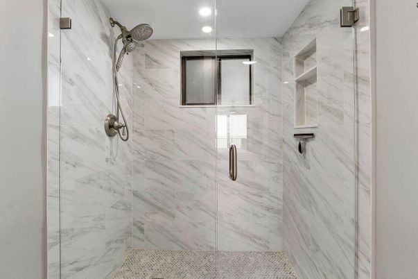 Bathroom, Glass Shower, Interior, Marble Walls, Recessed Lighting