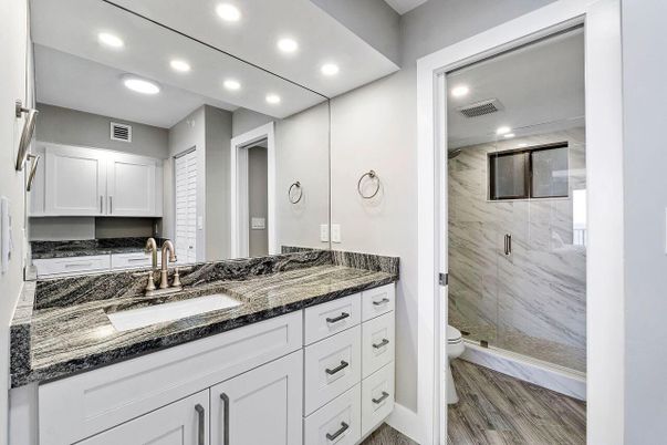 Bathroom, Glass Shower, Interior, Marble Walls, Recessed Lighting, Wood Texture Flooring