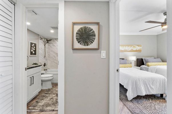Bathroom, Bedroom, Interior, Marble Walls, Recessed Lighting, Wood Texture Flooring