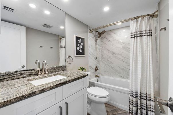 Bathroom, Interior, Marble Walls, Recessed Lighting, Wood Texture Flooring