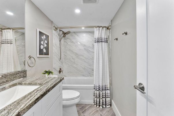 Bathroom, Interior, Marble Walls, Recessed Lighting, Wood Texture Flooring